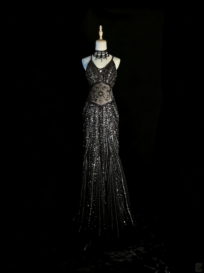 Robe de soirée longue sirène chic à bretelles spaghetti et sequins noirs, robe de bal élégante, robe de soirée formelle N934