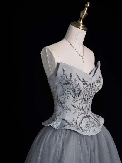 Retro-Ballkleid mit herzförmigem Ausschnitt, grauem Tüll und perlenbesetztem Oberteil, Partykleid, Abschlussballkleid, elegantes Abendkleid für Senioren, N955