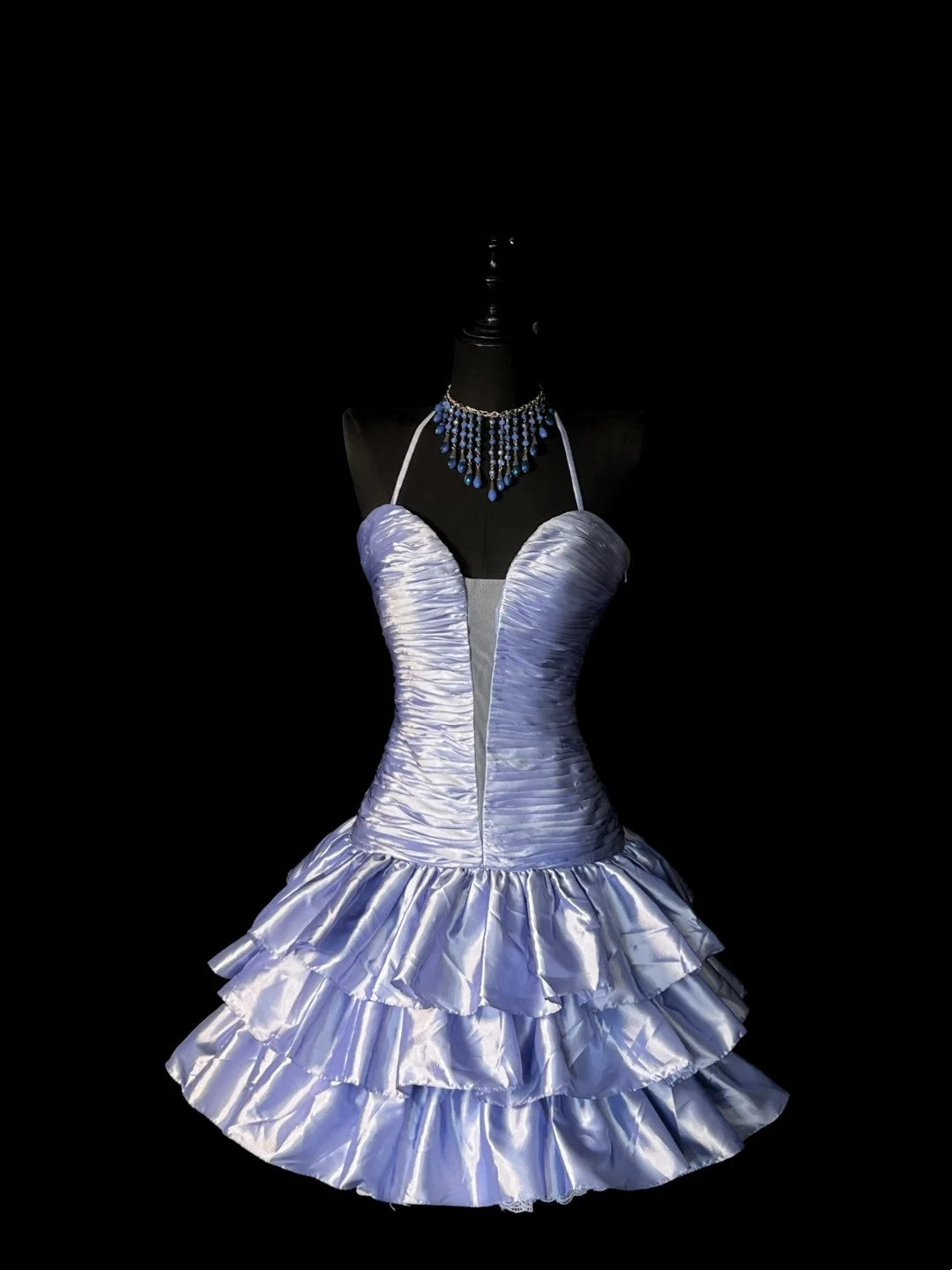 Robe de bal vintage bleu marine en satin, dos nu, taille basse, courte, idéale pour un 16e anniversaire, le bal de fin d'année du collège ou une soirée de gala (N956)