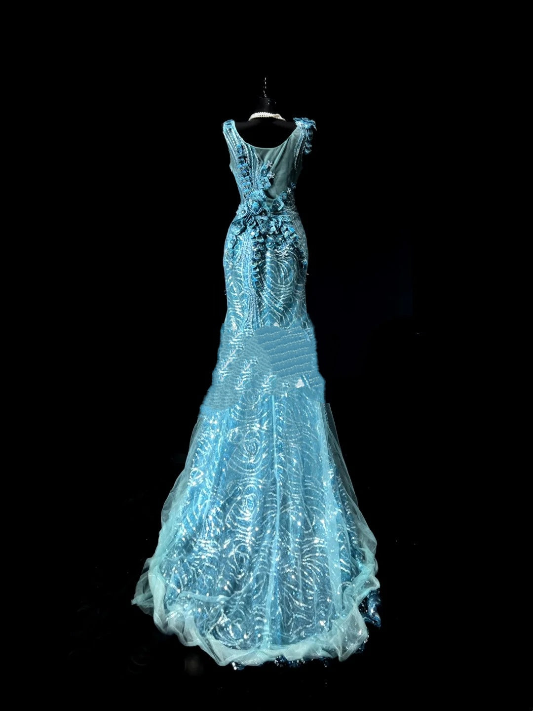 Robe de soirée longue sirène chic à col en V en dentelle et sequins bleus, robe de bal élégante pour les élèves de terminale, modèle N938