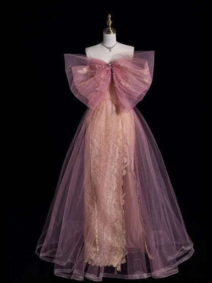 Robe de soirée rétro fourreau en tulle rose dentelle avec nœud papillon, robe de bal élégante pour les élèves de terminale, modèle N958