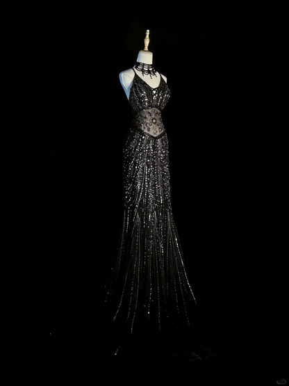 Robe de soirée longue sirène chic à bretelles spaghetti et sequins noirs, robe de bal élégante, robe de soirée formelle N934