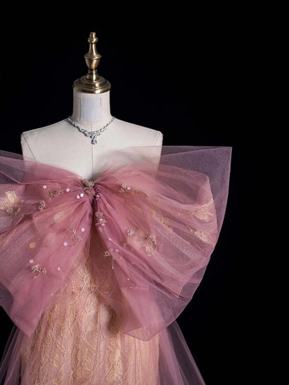 Robe de soirée rétro fourreau en tulle rose dentelle avec nœud papillon, robe de bal élégante pour les élèves de terminale, modèle N958