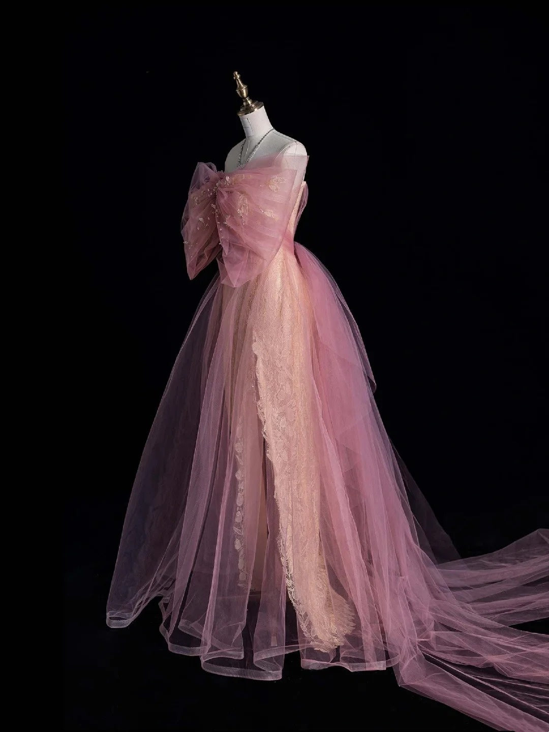 Robe de soirée rétro fourreau en tulle rose dentelle avec nœud papillon, robe de bal élégante pour les élèves de terminale, modèle N958