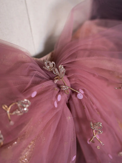 Robe de soirée rétro fourreau en tulle rose dentelle avec nœud papillon, robe de bal élégante pour les élèves de terminale, modèle N958