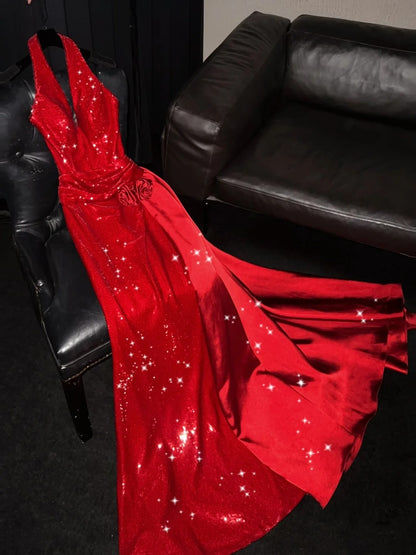 Robe de soirée longue rouge à paillettes, dos nu, style sirène scintillante, robe de bal, robe de cérémonie élégante N941