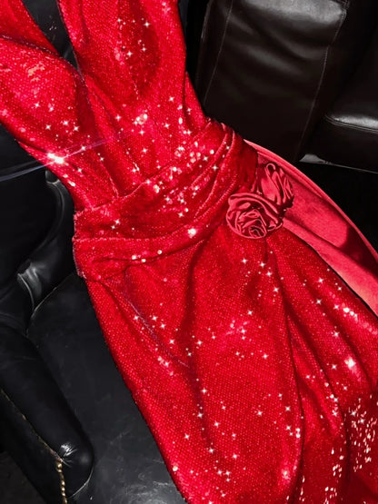 Robe de soirée longue rouge à paillettes, dos nu, style sirène scintillante, robe de bal, robe de cérémonie élégante N941