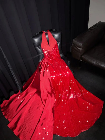 Robe de soirée longue rouge à paillettes, dos nu, style sirène scintillante, robe de bal, robe de cérémonie élégante N941