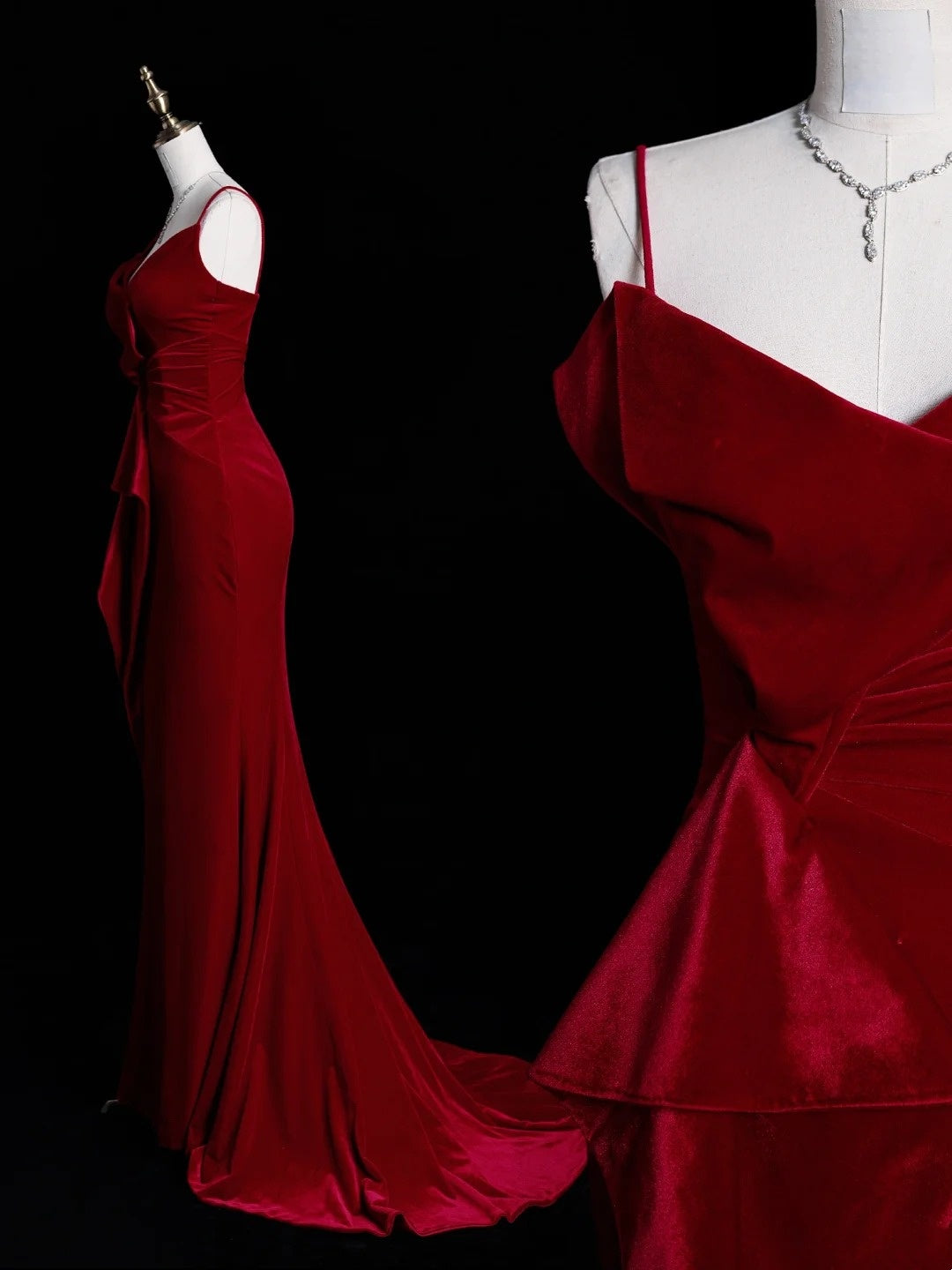 Robe de soirée longue sirène chic à bretelles spaghetti en velours rouge, robe de bal élégante, robe de soirée formelle N937