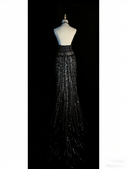 Robe de soirée longue sirène chic à bretelles spaghetti et sequins noirs, robe de bal élégante, robe de soirée formelle N934