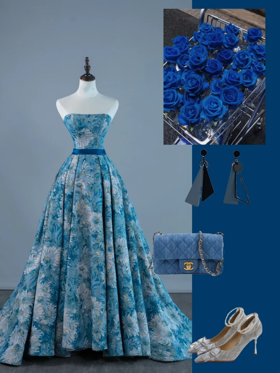 Robe de bal sexy bustier sans manches en satin bleu à fleurs, longue, tenue de soirée, robe de cérémonie N959
