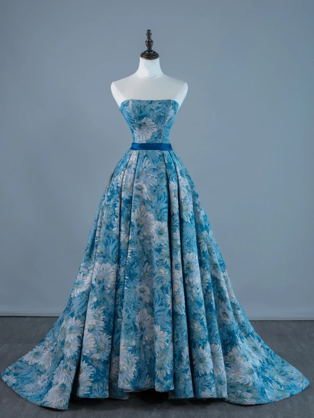 Robe de bal sexy bustier sans manches en satin bleu à fleurs, longue, tenue de soirée, robe de cérémonie N959