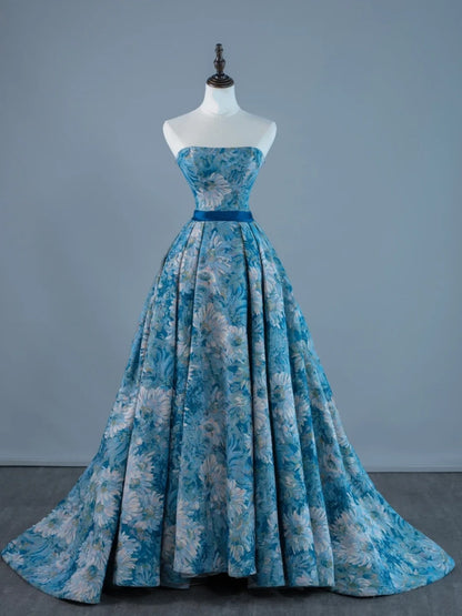 Robe de bal sexy bustier sans manches en satin bleu à fleurs, longue, tenue de soirée, robe de cérémonie N959