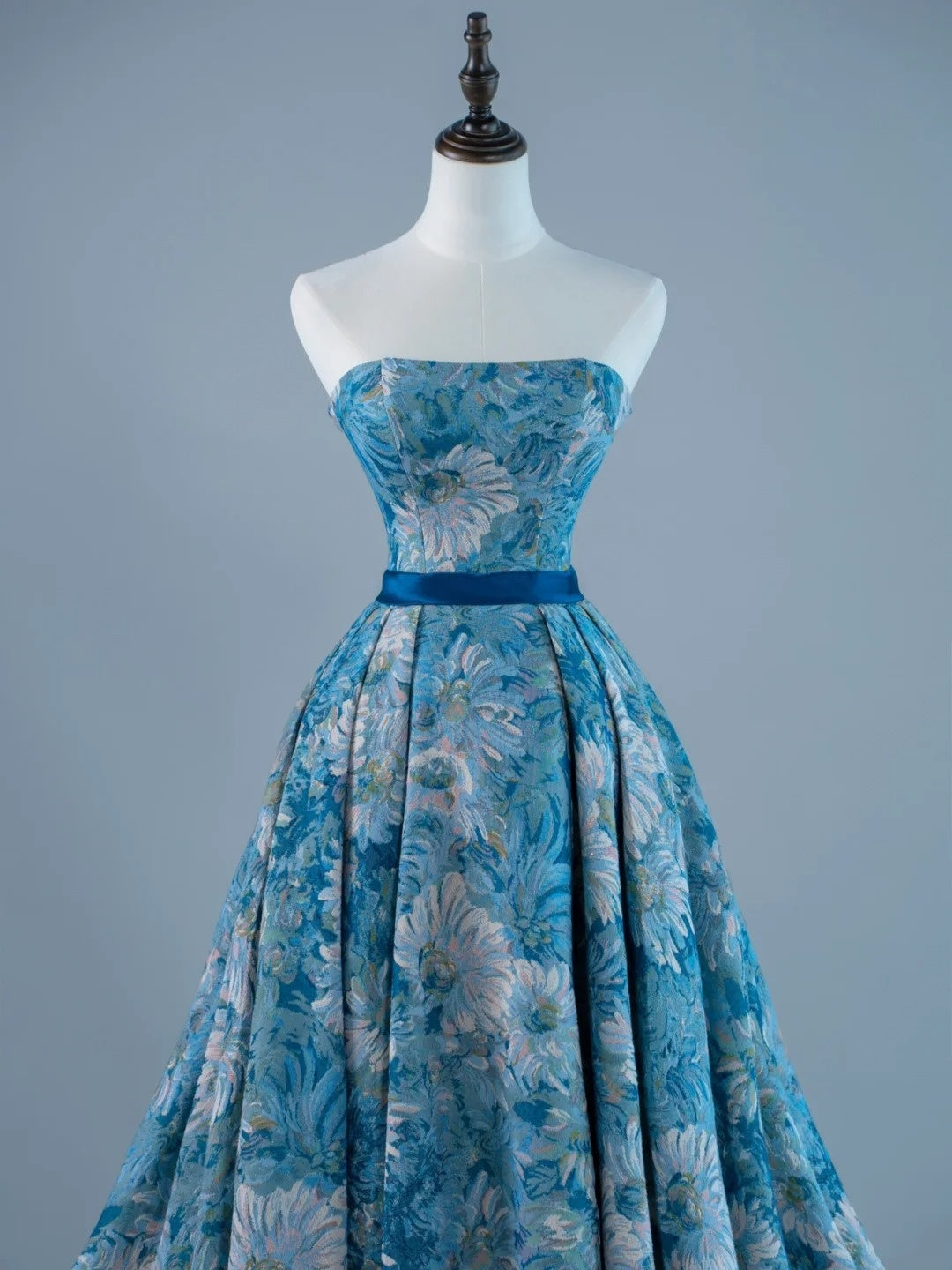 Robe de bal sexy bustier sans manches en satin bleu à fleurs, longue, tenue de soirée, robe de cérémonie N959