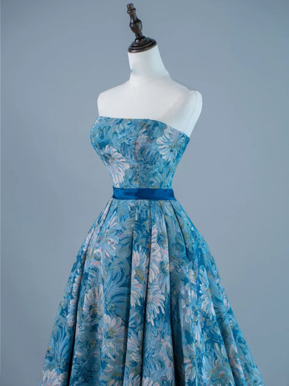 Robe de bal sexy bustier sans manches en satin bleu à fleurs, longue, tenue de soirée, robe de cérémonie N959