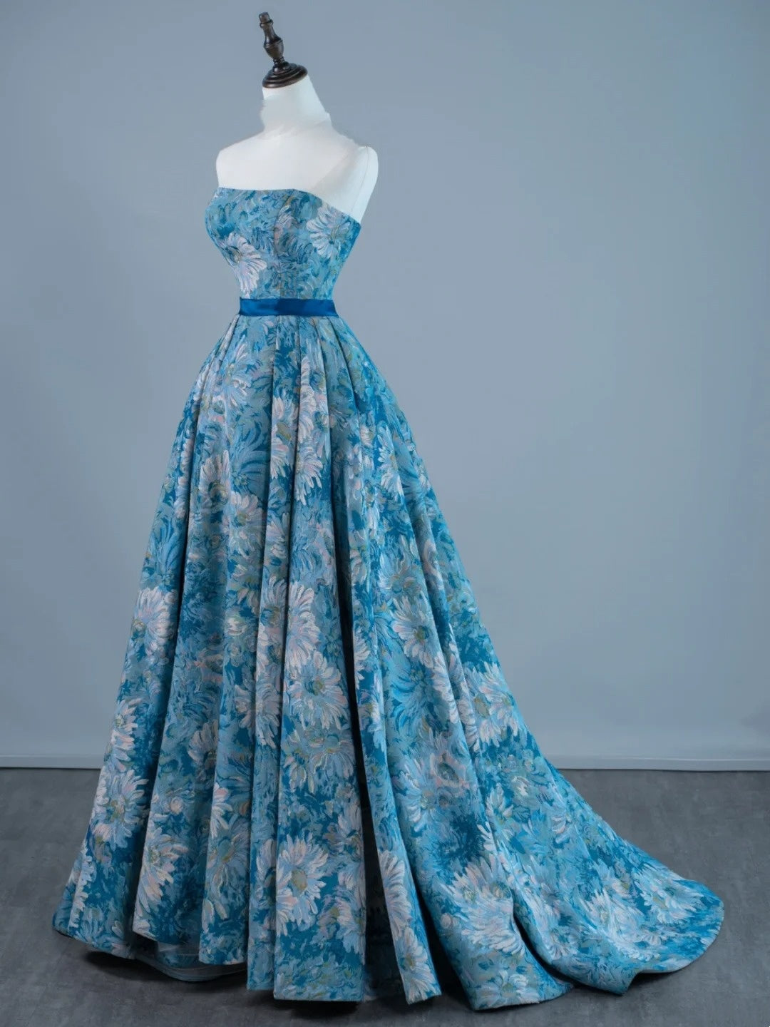 Robe de bal sexy bustier sans manches en satin bleu à fleurs, longue, tenue de soirée, robe de cérémonie N959