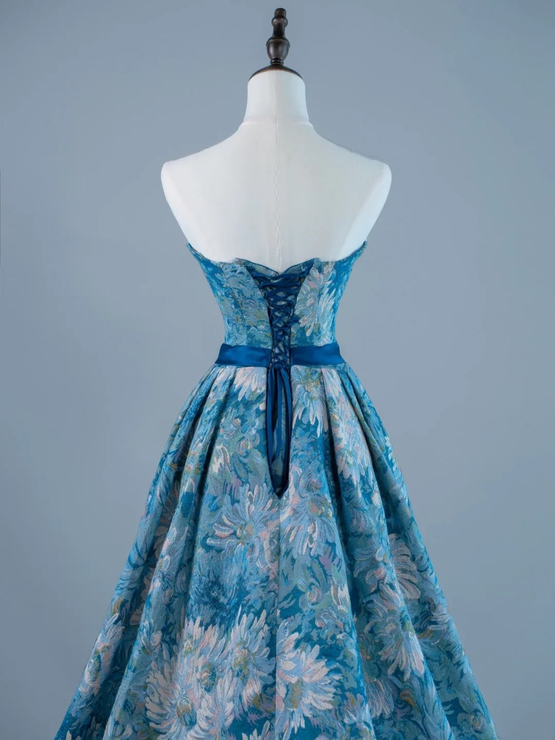 Robe de bal sexy bustier sans manches en satin bleu à fleurs, longue, tenue de soirée, robe de cérémonie N959
