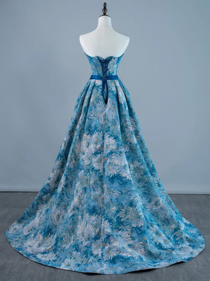 Robe de bal sexy bustier sans manches en satin bleu à fleurs, longue, tenue de soirée, robe de cérémonie N959
