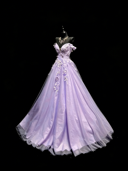 Prinzessinnen-Ballkleid, schulterfrei, lila Tüll, langes Abendkleid, formelles Kleid N966