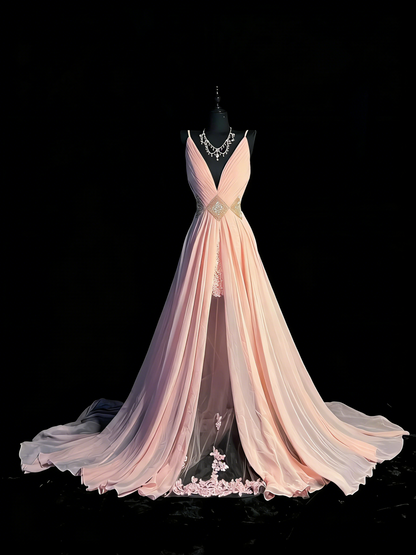 Robe de bal longue princesse en mousseline rose poudré, coupe trapèze, bretelles spaghetti, fente, N965