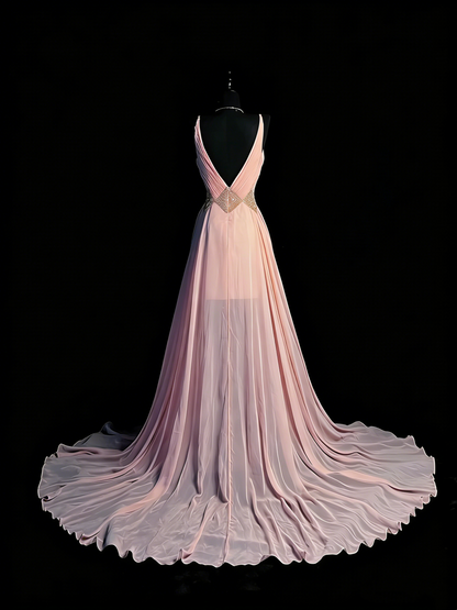 Robe de bal longue princesse en mousseline rose poudré, coupe trapèze, bretelles spaghetti, fente, N965