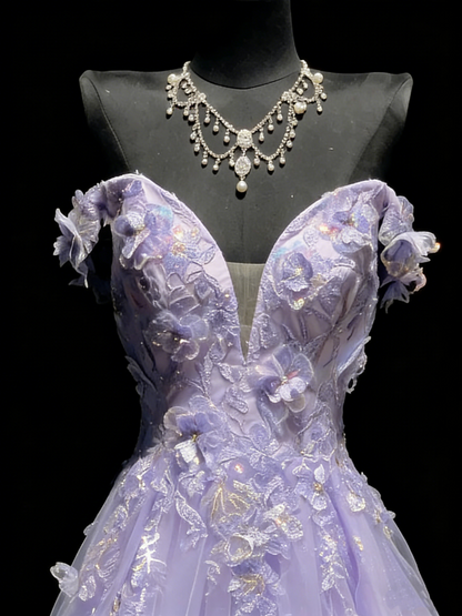 Prinzessinnen-Ballkleid, schulterfrei, lila Tüll, langes Abendkleid, formelles Kleid N966