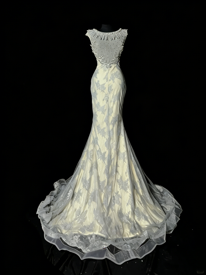 Robe de bal longue sirène unique en dentelle et tulle vert poudré, style années 50, idéale pour une soirée d'anniversaire (N973)