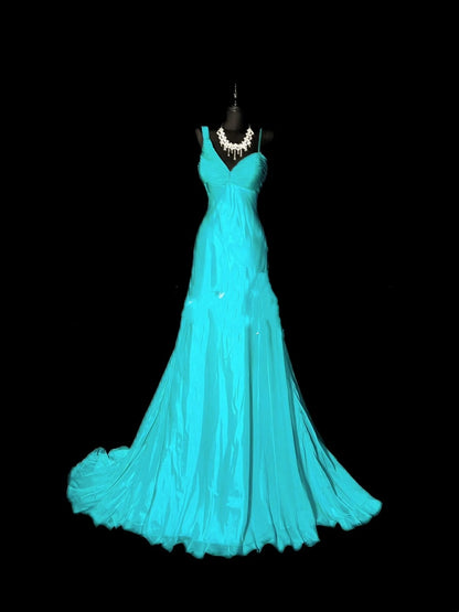 Robe de bal longue unique en mousseline bleue, coupe trapèze, corsage plissé, style années 50, idéale pour une soirée ou un 18e anniversaire (N968)