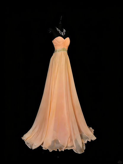 Vintage 2000er Jahre A-Linien-Chiffonkleid mit Herzausschnitt, silbernen Perlenstickereien, langes Ballkleid, Abendkleid, formelles Kleid N975