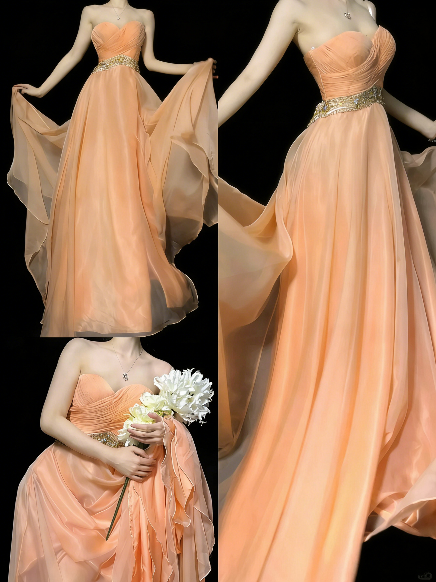 Vintage 2000er Jahre A-Linien-Chiffonkleid mit Herzausschnitt, silbernen Perlenstickereien, langes Ballkleid, Abendkleid, formelles Kleid N975