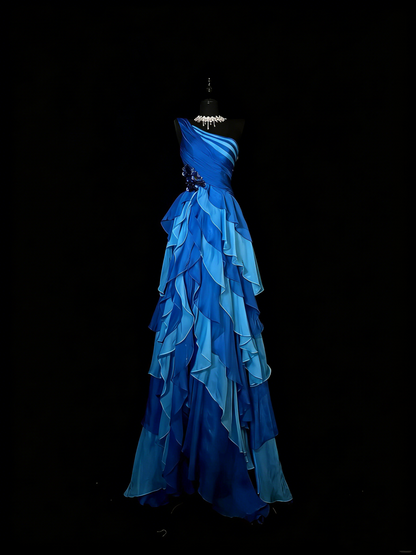 Robe de bal longue asymétrique en mousseline bleu roi, coupe trapèze, style années 50, à volants, idéale pour une soirée ou un anniversaire (N967).