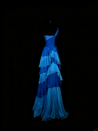 Robe de bal longue asymétrique en mousseline bleu roi, coupe trapèze, style années 50, à volants, idéale pour une soirée ou un anniversaire (N967).