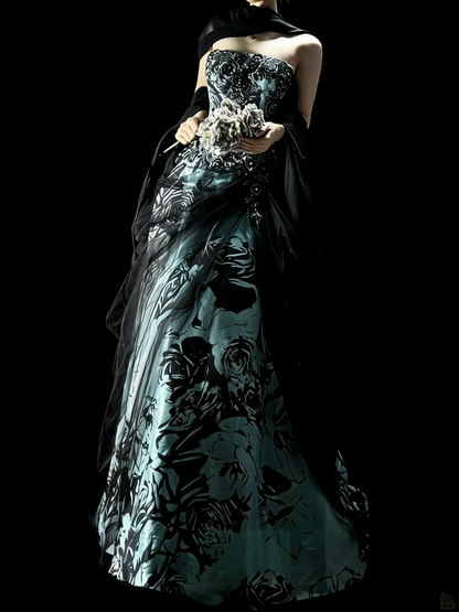 Robe de bal rétro bustier en satin fleuri avec cape, robe de soirée longue, robe de bal élégante pour les élèves de terminale N970