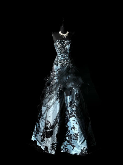 Robe de bal rétro bustier en satin fleuri avec cape, robe de soirée longue, robe de bal élégante pour les élèves de terminale N970
