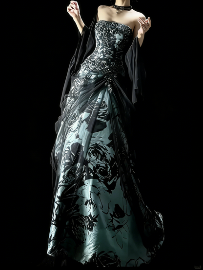 Robe de bal rétro bustier en satin fleuri avec cape, robe de soirée longue, robe de bal élégante pour les élèves de terminale N970