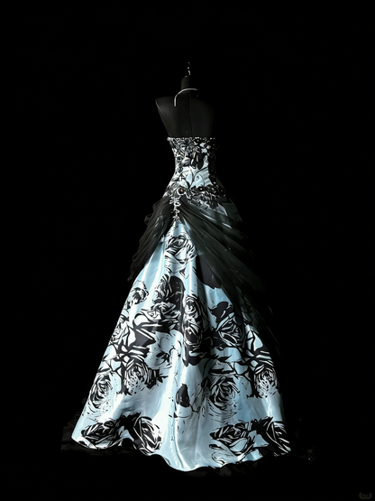Robe de bal rétro bustier en satin fleuri avec cape, robe de soirée longue, robe de bal élégante pour les élèves de terminale N970