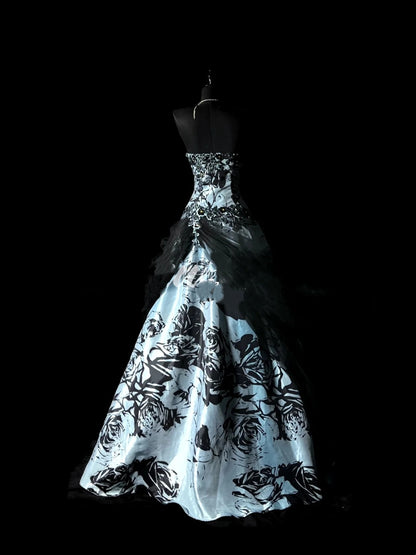 Robe de bal rétro bustier en satin fleuri avec cape, robe de soirée longue, robe de bal élégante pour les élèves de terminale N970