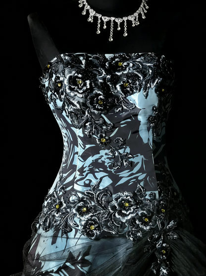 Robe de bal rétro bustier en satin fleuri avec cape, robe de soirée longue, robe de bal élégante pour les élèves de terminale N970