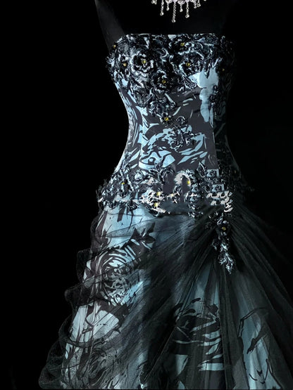 Robe de bal rétro bustier en satin fleuri avec cape, robe de soirée longue, robe de bal élégante pour les élèves de terminale N970