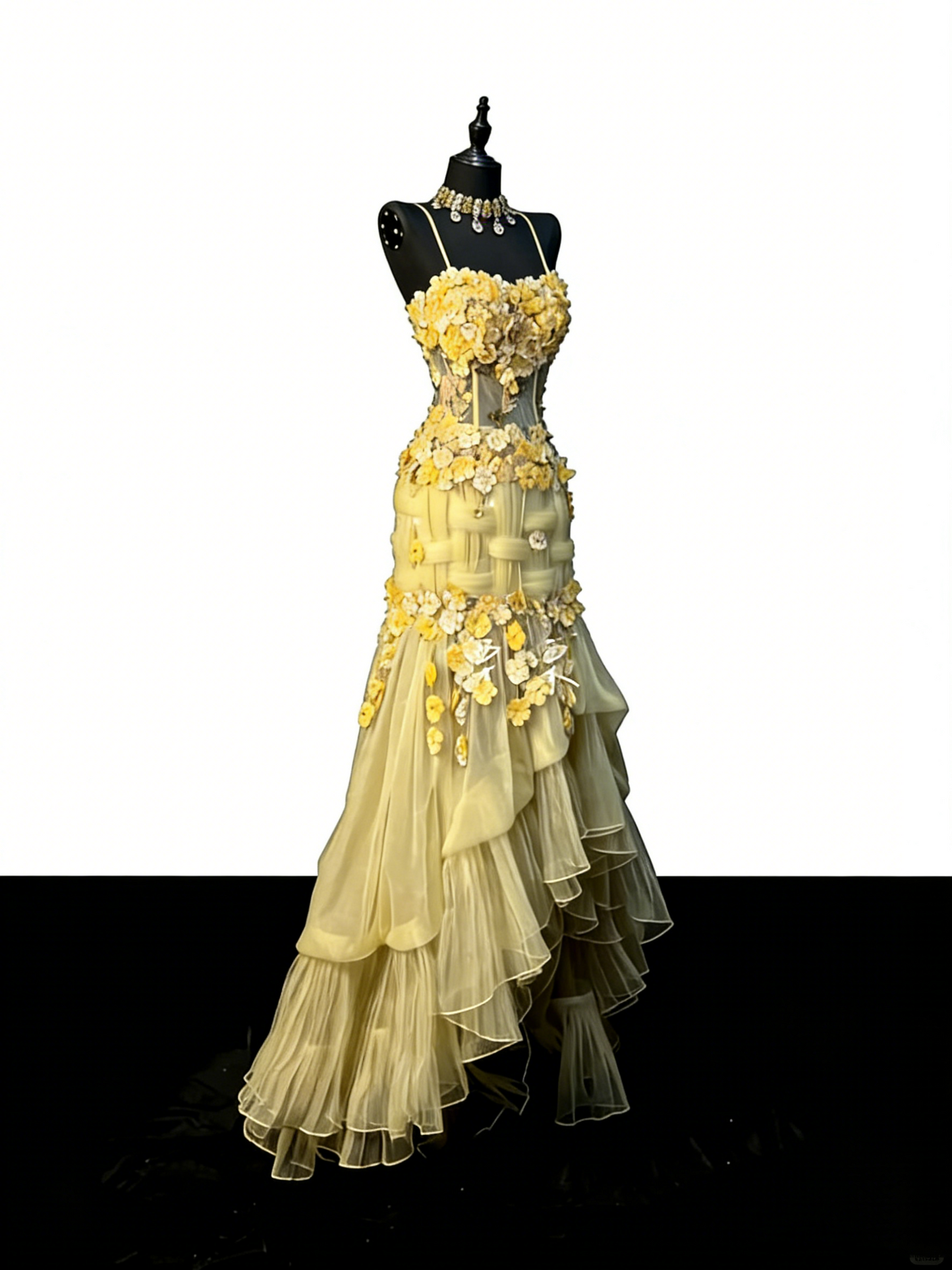 Unique Mermaid Spaghetti Strap Yellow Tulle Flowers 1950s Long Prom Dresses Party Dress 18th Birthday Outfits N971