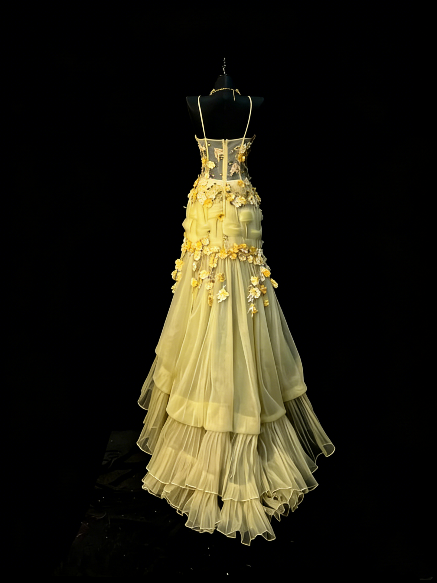 Unique Mermaid Spaghetti Strap Yellow Tulle Flowers 1950s Long Prom Dresses Party Dress 18th Birthday Outfits N971