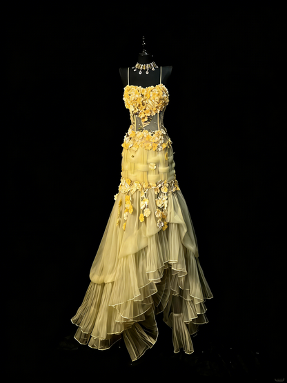 Unique Mermaid Spaghetti Strap Yellow Tulle Flowers 1950s Long Prom Dresses Party Dress 18th Birthday Outfits N971