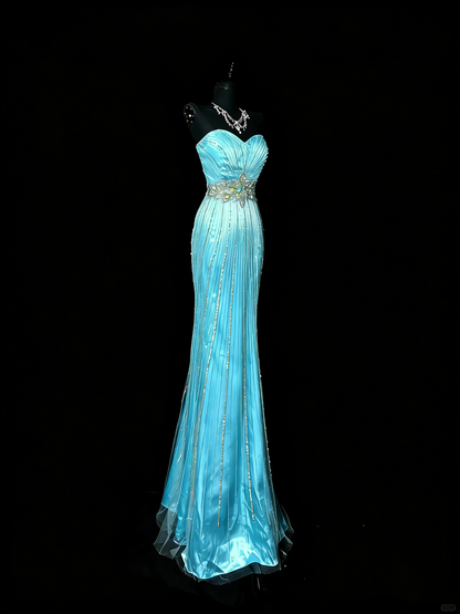 Robe de bal longue vintage années 2000, décolleté cœur sirène, sans manches, ornée de perles argentées, tenue de soirée, robe de cérémonie N976