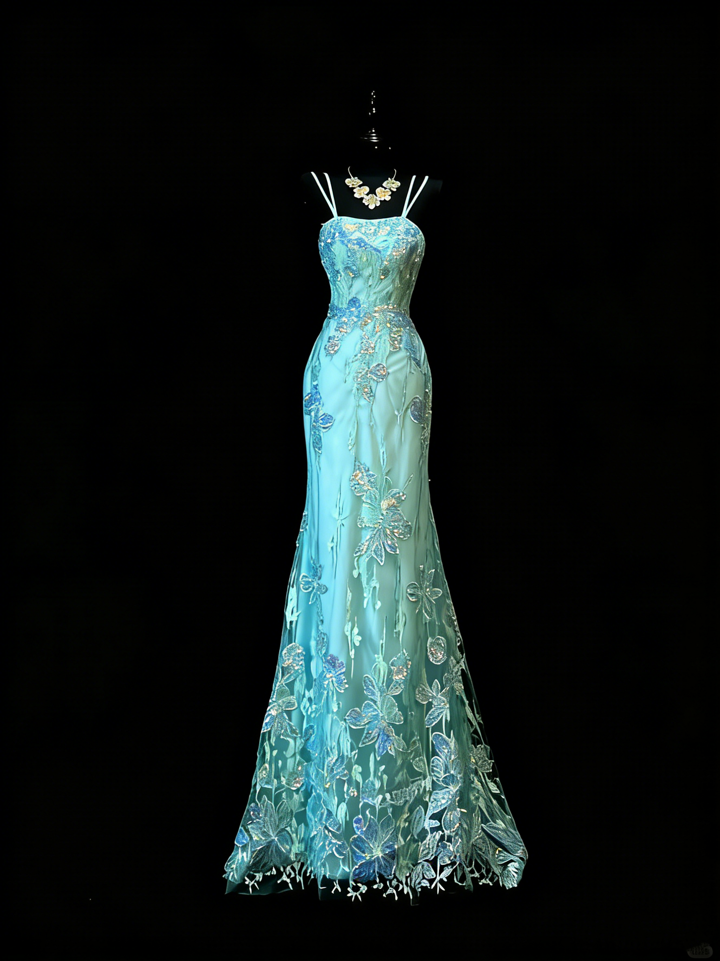 Robe de bal longue sirène unique à fines bretelles en dentelle bleue et tulle, style années 50, idéale pour une soirée ou un 18e anniversaire (N976)
