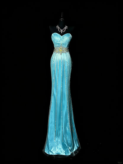 Robe de bal longue vintage années 2000, décolleté cœur sirène, sans manches, ornée de perles argentées, tenue de soirée, robe de cérémonie N976
