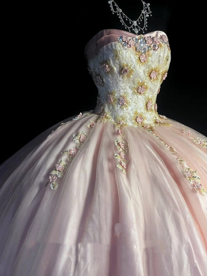 Robe de bal rose bustier sans manches avec application en tulle, longue, idéale pour une quinceañera, un anniversaire de 15 ou 16 ans (N977)