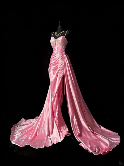 Robe de bal longue vintage années 1950, style sirène, bretelles spaghetti, satin rose, idéale pour une soirée ou un 18e anniversaire (N978)