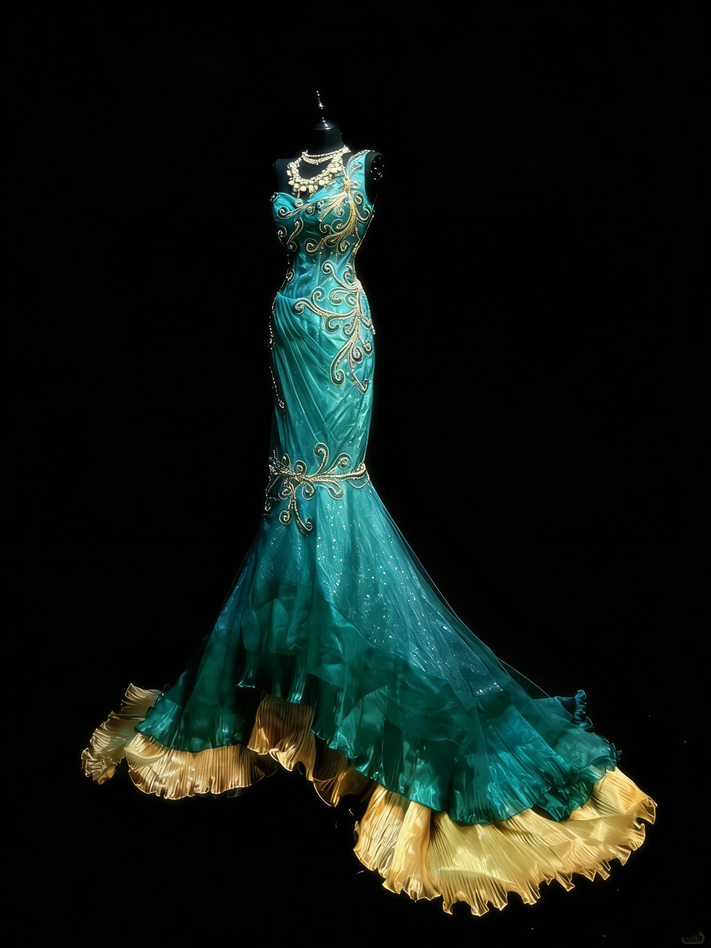 Robe de bal longue sirène asymétrique à volants dorés et perles, style princesse, référence N979