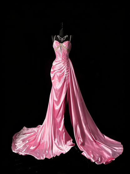 Robe de bal longue vintage années 1950, style sirène, bretelles spaghetti, satin rose, idéale pour une soirée ou un 18e anniversaire (N978)