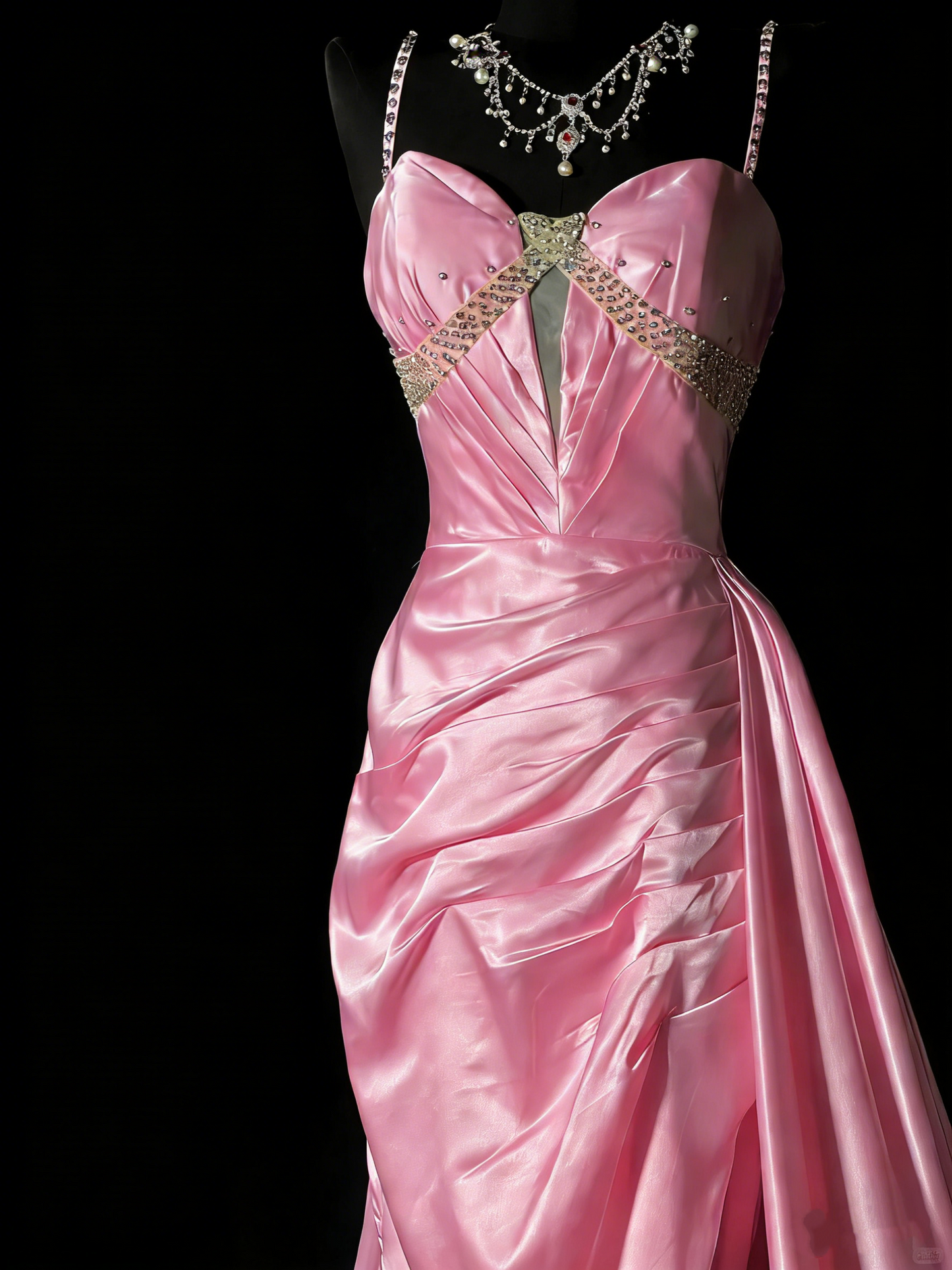 Robe de bal longue vintage années 1950, style sirène, bretelles spaghetti, satin rose, idéale pour une soirée ou un 18e anniversaire (N978)